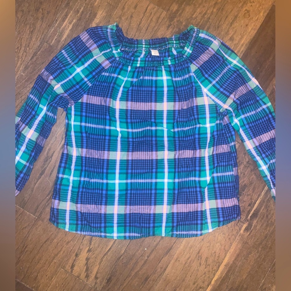 Old Navy Blue and Green Plaid Blouse with Gathered Neckline